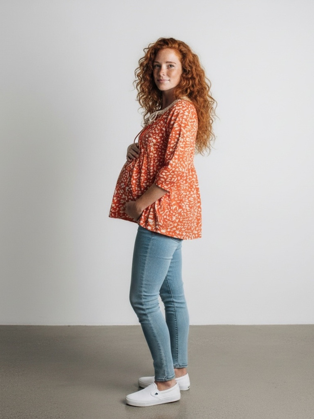 Maternity Merona M Orange & Cream Crochet Bid Neckline Babydoll Top